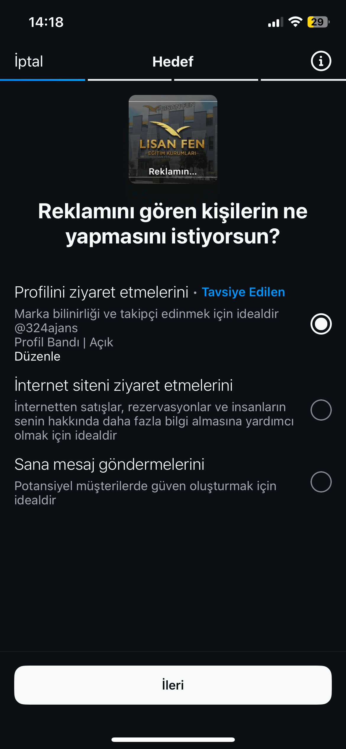 instagrama nasıl reklam verilir adım 2